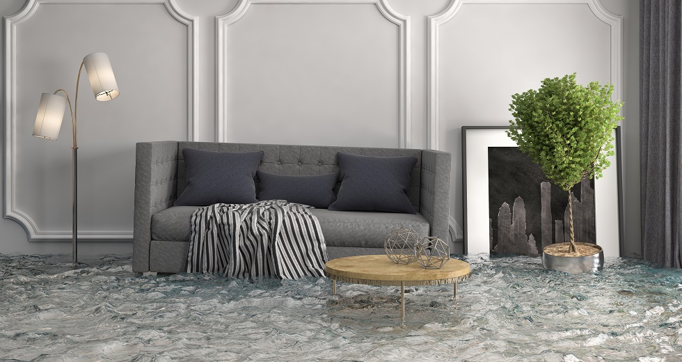 interior of the house flooded with water. 3d illustration